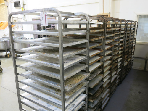 8 x Metal Mobile 16 Rack Trolleys. Comes with 128 Trays. Size H178 x W52 x D77cm.