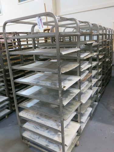 8 x Metal Mobile 16 Rack Trolleys. Comes with 128 Trays. Size H178 x W52 x D77cm.