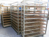 2 x Box Metal Mobile 9 Rack Wood Slatted Trolleys. Size H229 x W65 x D150cm.