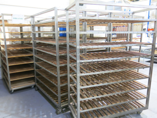 2 x Box Metal Mobile 9 Rack Wood Slatted Trolleys. Size H229 x W65 x D150cm.
