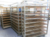 2 x Box Metal Mobile 9 Rack Wood Slatted Trolleys. Size H229 x W65 x D150cm.