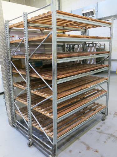 2 x Metal Mobile 7 Rack Wood Slatted Trolleys. Size H213 x W62cm x D155cm