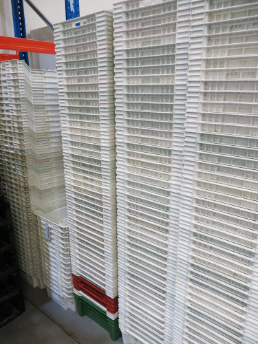 140 x Multi Purpose White Stackable Crates, Size H16 x W60 x D40cm.