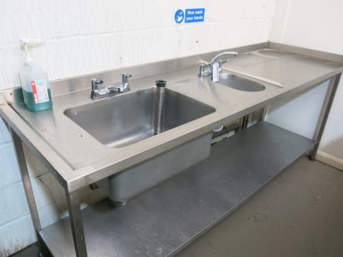 Stainless Steel Deep Sink & 1/2 with Shelf Under with Swan & Lever Taps. Size H90 x W225 x D70cm.