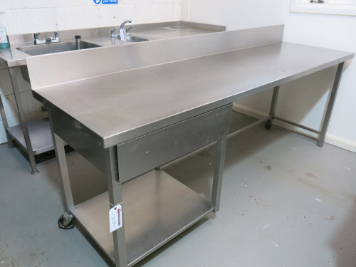 Stainless Steel Prep Table with Draw & Part Shelf Under. Size H90 x W236 x D68cm.