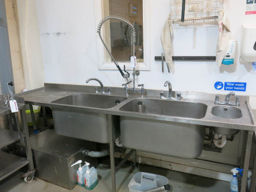 Stainless Steel Triple Sink Unit with 2 x Deep Sink Units with Swan Neck Taps & Pre Rinse Tap on Flex Hose, Small Hand Sink & L/H Drainer. Size H92 x W260 x D70cm.