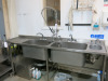 Stainless Steel Triple Sink Unit with 2 x Deep Sink Units with Swan Neck Taps & Pre Rinse Tap on Flex Hose, Small Hand Sink & L/H Drainer. Size H92 x W260 x D70cm.