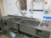 Stainless Steel Triple Sink Unit with 2 x Deep Sink Units with Swan Neck Taps & Pre Rinse Tap on Flex Hose, Small Hand Sink & L/H Drainer. Size H92 x W260 x D70cm. - 2