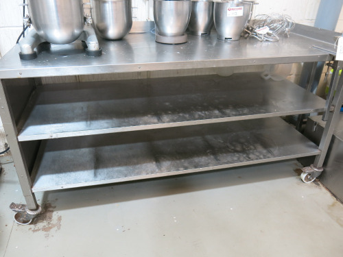 Stainless Steel Prep Table with 2 Shelves Under on Castors with Vogue Can Opener. Size H90 x W185 x D80cm.