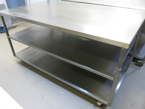 Stainless Steel Prep Table with 2 Shelves Under on Castors. Size H90 x W180 x D110cm.