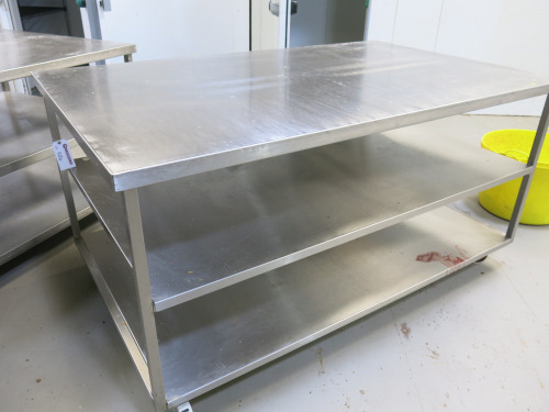 Stainless Steel Prep Table with 2 Shelves Under on Castors. Size H90 x W180 x D110cm.