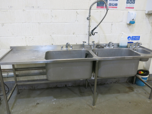 Stainless Steel Triple Sink Unit with 2 x Deep Sink Units with Swan Neck Taps & Pre Rinse Tap on Flex Hose, Small Hand Sink & L/H Drainer. Size H90 x W260 x D70cm.