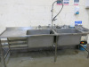 Stainless Steel Triple Sink Unit with 2 x Deep Sink Units with Swan Neck Taps & Pre Rinse Tap on Flex Hose, Small Hand Sink & L/H Drainer. Size H90 x W260 x D70cm.