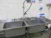 Stainless Steel Triple Sink Unit with 2 x Deep Sink Units with Swan Neck Taps & Pre Rinse Tap on Flex Hose, Small Hand Sink & L/H Drainer. Size H90 x W260 x D70cm. - 2