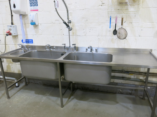 Stainless Steel Triple Sink Unit with 2 x Deep Sink Units with Swan Neck Taps & Pre Rinse Tap on Flex Hose, Small Hand Sink & R/H Drainer. Size H90 x W260 x D70cm.
