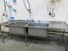 Stainless Steel Triple Sink Unit with 2 x Deep Sink Units with Swan Neck Taps & Pre Rinse Tap on Flex Hose, Small Hand Sink & R/H Drainer. Size H90 x W260 x D70cm.