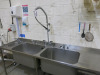 Stainless Steel Triple Sink Unit with 2 x Deep Sink Units with Swan Neck Taps & Pre Rinse Tap on Flex Hose, Small Hand Sink & R/H Drainer. Size H90 x W260 x D70cm. - 2