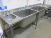 Stainless Steel Triple Sink Unit with 2 x Deep Sink Units with Swan Neck Taps & Pre Rinse Tap on Flex Hose, Small Hand Sink & R/H Drainer. Size H90 x W260 x D70cm. - 4