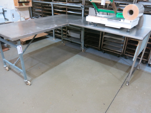 Stainless Steel L Shape Mobile Bespoke Made Table. Size H83 x W175 x W207 x D85cm.