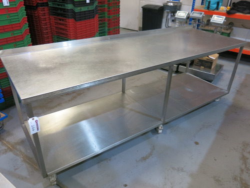 Stainless Steel Prep Table with Shelf Under on Castors. Size H84 x W250 x D82cm.