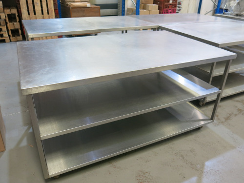 Stainless Steel Prep Table with 2 Shelves Under on Castors. Size H90 x W180 x D110cm.