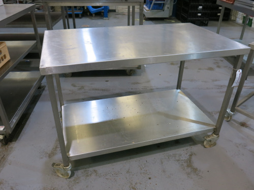 Stainless Steel Prep Table with Shelf Under on Castors. Size H83 x W120 x D70cm.