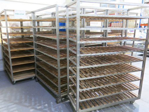 2 x Box Metal Mobile 9 Rack Wood Slatted Trolleys. Size H229 x W65 x D150cm.