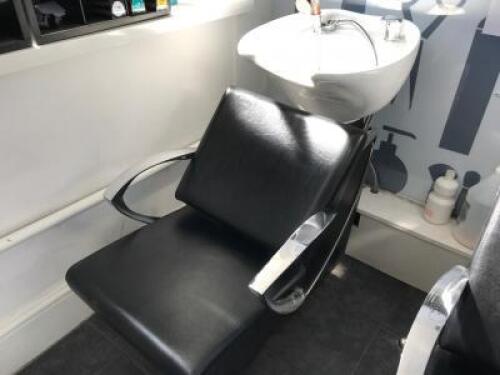 Hair Salon Back Wash Chair with Adjustable Seat, Ceramic Sink and Flexible Spray Unit. Chrome Framed with Black PVC Wipe Clean Seat & Back.