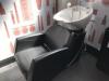 Hair Salon Back Wash Chair with Adjustable Seat, Ceramic Sink and Flexible Spray Unit. Black PVC Wipe Clean Seat & Back.