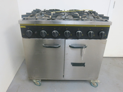 Buffalo 6 Ring Gas Oven Range with 2 Door Oven Under, Model CE371-N, S/N 50130243.