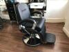 Professional Barbers Chair on Chrome Base in Black PVC. Pump-Up Chair, Tilting Back with Adjustable Head Rest.