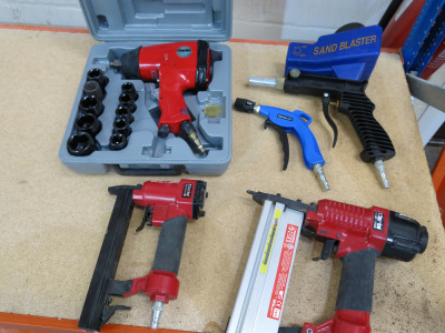 Clarke Pneumatic Impact Driver in Case with Sockets, Sand Blaster Gun, Clarke Air Duster Gun, Clarke Air Stapler & Clarke Nailer/Stapler.