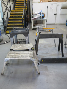 Rockwell RT8600 Pedal Operated Clamp, 2 x Tressels and 2 x Fold & Carry Saw Horses, 2 x Folding Aluminium Step up Platform.