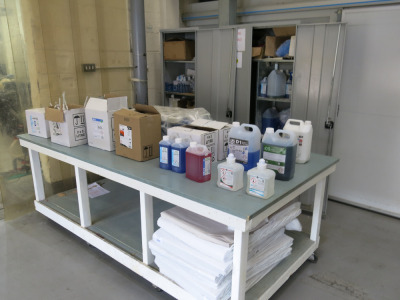 Large Quantity of Cleaning Supplies to Include: 3 x 2 Door Cabinets with Assorted Surface Cleaners, Sanitisers, Bleach, Degreaser, Hand Soap, Toilet Cleaner, Washing Up Liquid, Scorers Etc (As Viewed/Pictured).