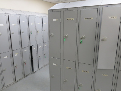 Contents of Staff Changing Room to Include: 46 x Elite 2 Door Lockers (Majority with Keys), Logik L1016WM18 Washing Machine, Laundry Basket, 2 x Chairs & 2 Changing Benches.