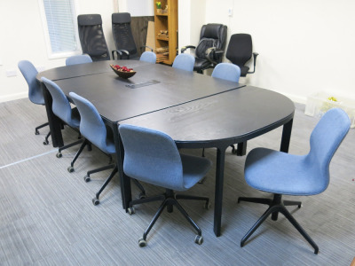 3 Section Boardroom Table in Black Wood with 9 x Blue Hopsack Swivel Chairs on Castors.