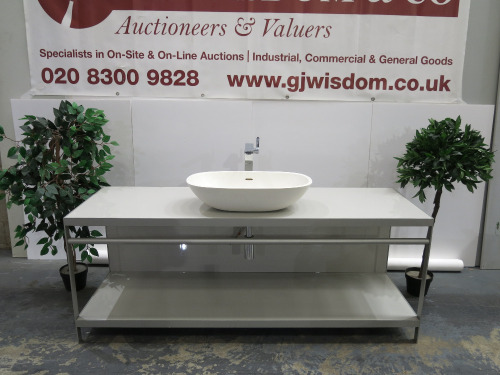 Free Standing Bathroom Vanity Unit with Shelf Under, in Highly Polished Light Grey with Metal Frame, Size H70 x W180 x D60cm. Comes with Vaschetta Appoggio D4R White Hand Basin & Dorn Bracht Mixer Lever Tap, Hand Basin Size W65 x D39cm.