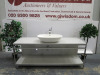 Free Standing Bathroom Vanity Unit with Shelf Under, in Highly Polished Light Grey with Metal Frame, Size H70 x W180 x D60cm. Comes with Vaschetta Appoggio D4R White Hand Basin & Dorn Bracht Mixer Lever Tap, Hand Basin Size W65 x D39cm.