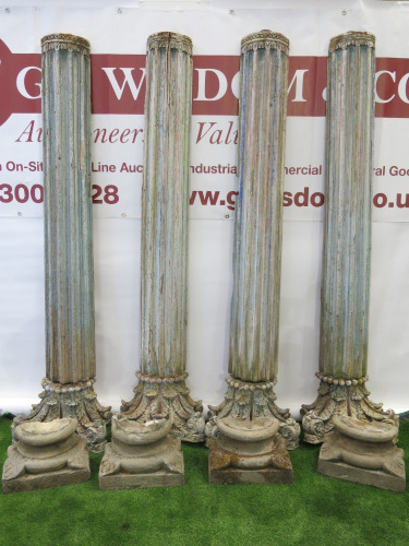 4 x Antique Wooden Indian Teak Highly Carved Pillars with Wooden Flower Tops & Concrete Bases. Size H240 x W26cm.