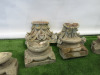 4 x Antique Wooden Indian Teak Highly Carved Pillars with Wooden Flower Tops & Concrete Bases. Size H240 x W26cm. - 13