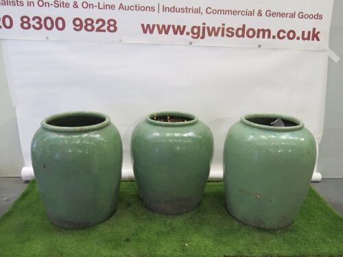 3 x Vintage Sage Glazed Ceramic Garden Pots, Size H72 x Dia 45cm.