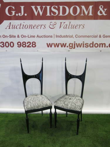 Vintage Pair Of Pozzi & Verga Side Chairs Circa 1940 in Black Ebonised Wood with Faux Fur Upholstered Seats.