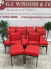 10 x Solid Wood & Varnished Frame Dining Chairs Upholstered in Red Fabric.