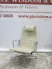 Vitra Eames EA124 Office Chair in Parchment/Cream Woollen Fabric with High Back Rest, Head Cushion on Aluminium Frame.