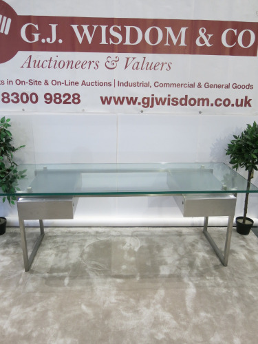 Patric Maffei 1970's Vintage Desk in Brushed Stainless Steel & Grey Smoked Glass Desk. Size H73 x W200 x D75cm. NOTE: glass top chipped in 2 corners (As Viewed/Pictured).