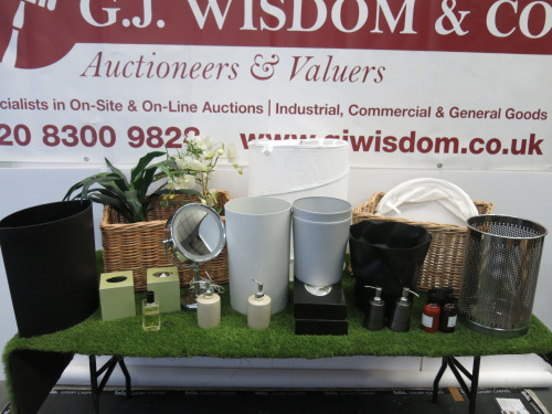 Assortment of Bathroom Accessories to Include: 1 x Revlon Illuminated Mirror, Type M84a, 2 x Imitation Flowers, 2 x John Lewis Pop Up Laundry Baskets, 2 x Wicker Baskets, 4 x Wooden Tissue Boxes , 4 x Assorted Soap Dispensers, 2 x Metal Beakers & 6 x Ass