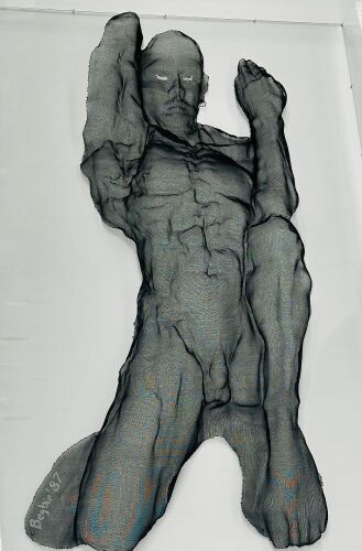 David Begbie (1955 - Current) Hand Sculpted Contemporary Figurative Art of a Kneeling Male Torso Wire Sculpture. Signed by Artist & Dated 87 in Perspex Case. Size H153 x W102 x D19cm. Special Notice: Artist's Resale Right ("Droit de Suite"). If the Artis