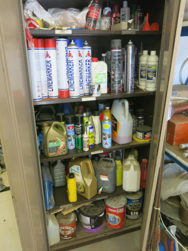 2 Door Metal Cabinet Containing Line Marker Aerosols, Various Spray Items and Oil Cans.