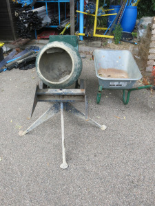 Petrol Cement Mixer on Stand and Trade Wheelbarrow.