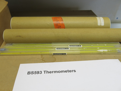 Box of 10ml, 25ml, 59ml & 100ml Glass Bulb Pipettes & Quantity of BS593 Thermometers.